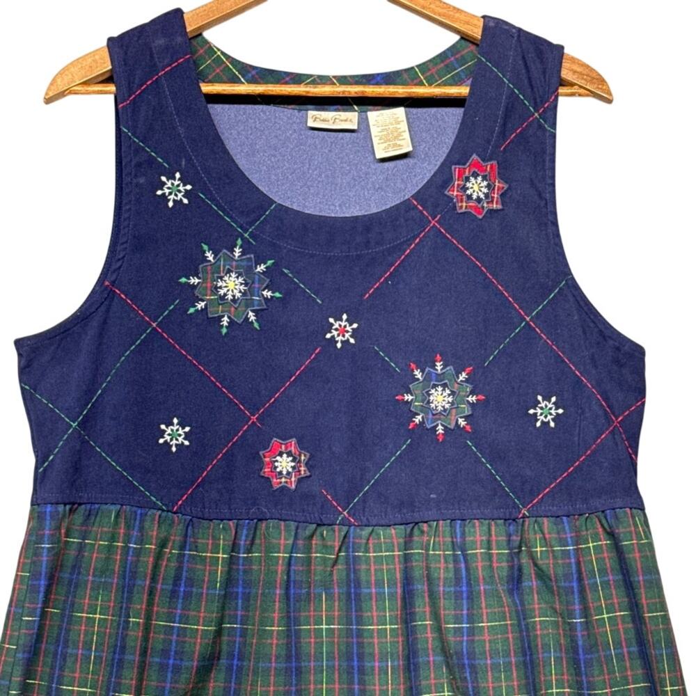 Vintage Blue Plaid Snowflake Christmas Holiday Sleeveless Maxi Dress Women Large - Picture 3 of 8